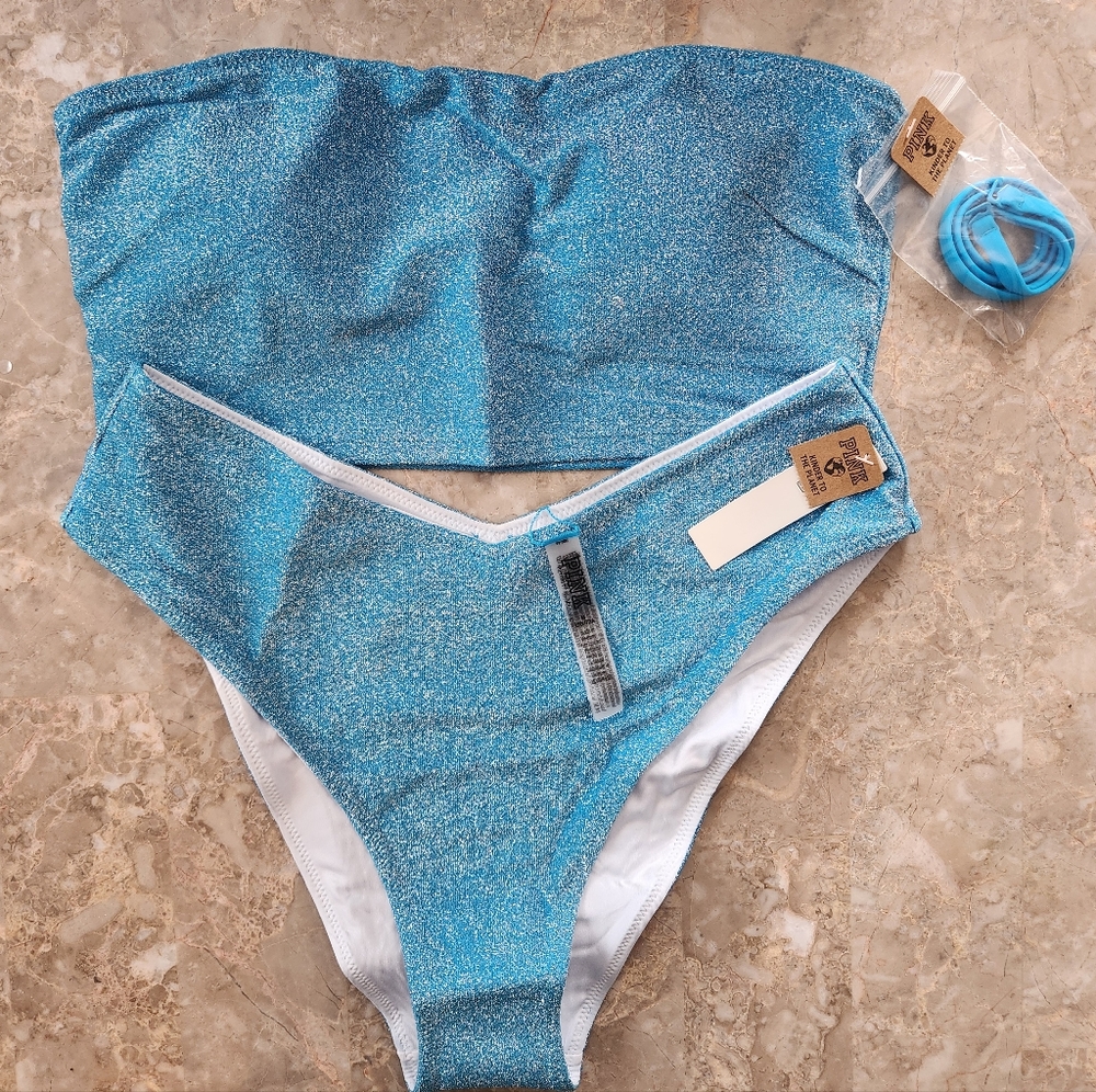 M/M PINK Swim Bandeau High Waist  Cheeky Bikini Set Blue Shimmer